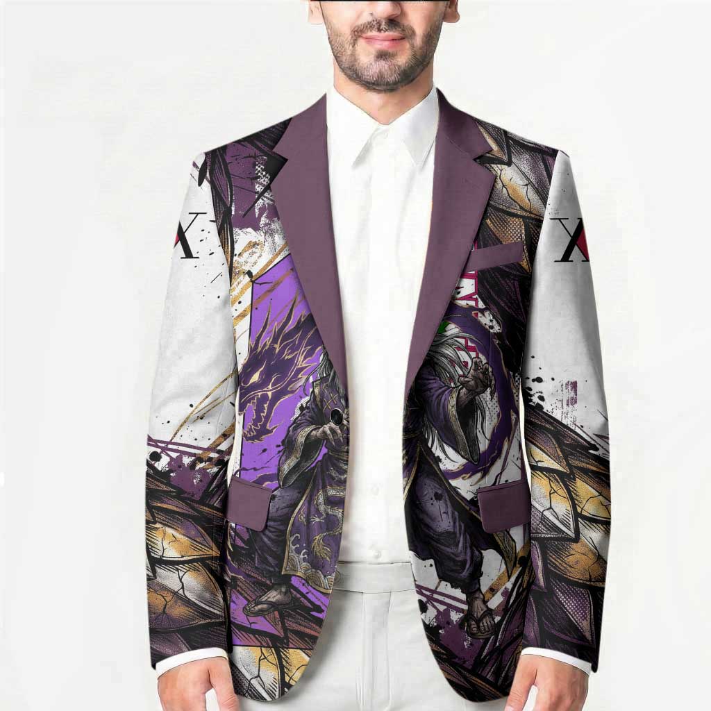 Zeno Zoldyck Theme White and Purple Dragon Aura Design Blazer with Dark Energy Card Artwork - The Mazicc