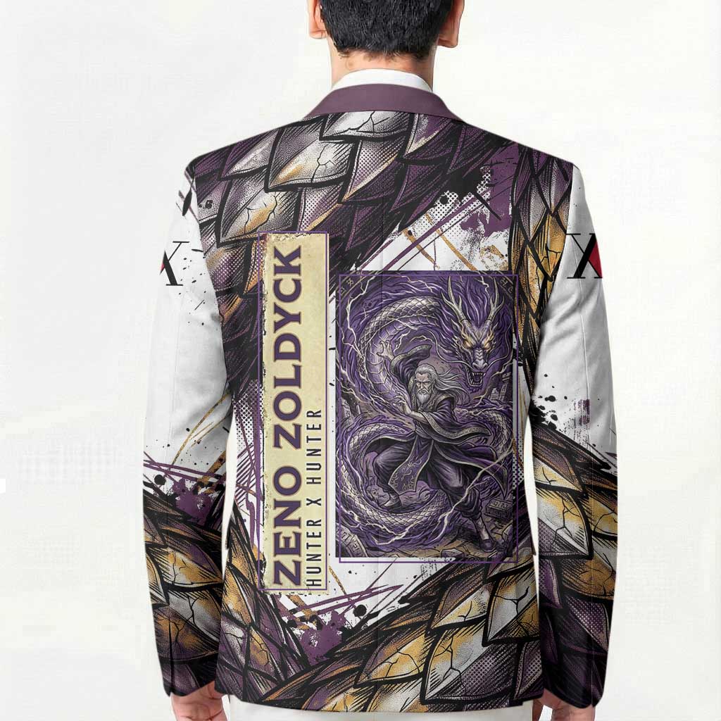 Zeno Zoldyck Theme White and Purple Dragon Aura Design Blazer with Dark Energy Card Artwork - The Mazicc
