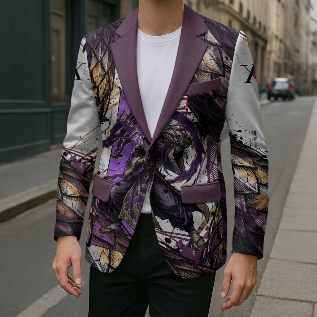 Zeno Zoldyck Theme White and Purple Dragon Aura Design Blazer with Dark Energy Card Artwork - The Mazicc