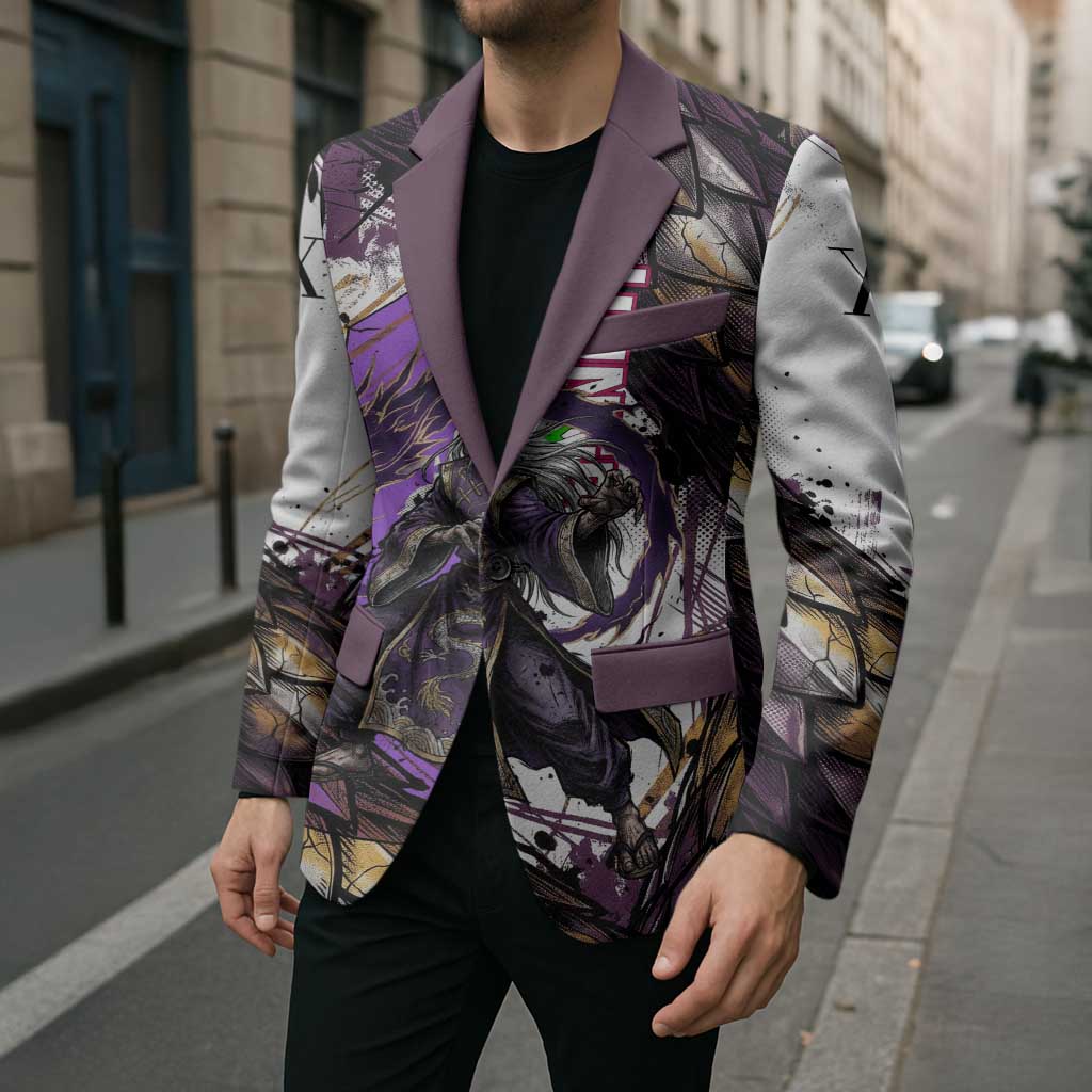 Zeno Zoldyck Theme White and Purple Dragon Aura Design Blazer with Dark Energy Card Artwork - The Mazicc