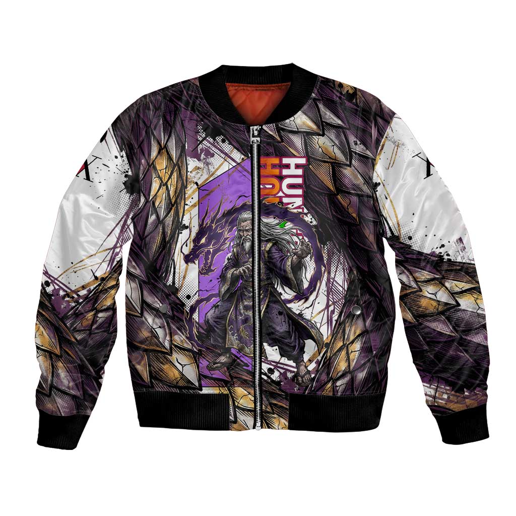 Zeno Zoldyck Theme White and Purple Dragon Aura Design Bomber Jacket with Dark Energy Card Artwork - The Mazicc