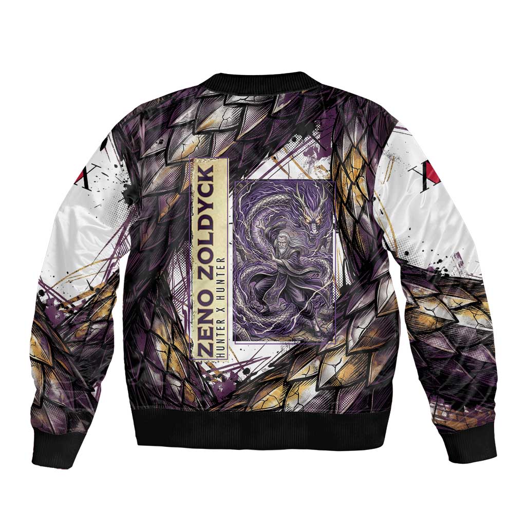 Zeno Zoldyck Theme White and Purple Dragon Aura Design Bomber Jacket with Dark Energy Card Artwork - The Mazicc