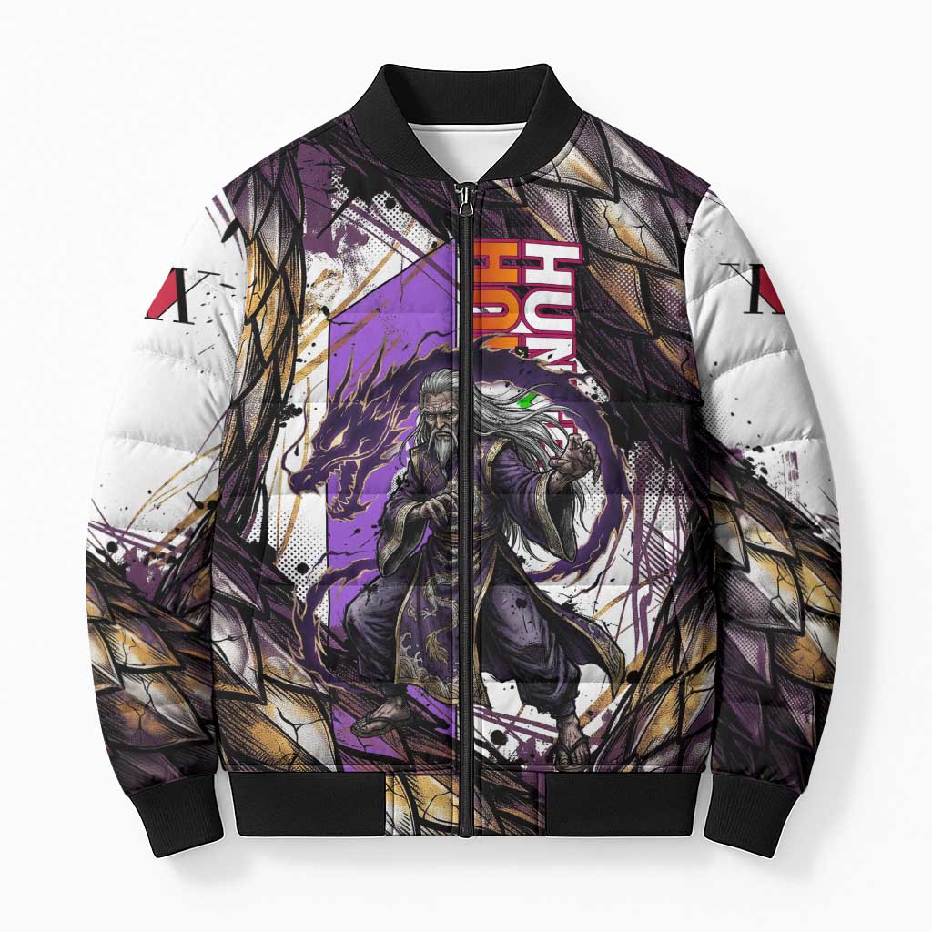 Zeno Zoldyck Theme White and Purple Dragon Aura Design Bomber Puffer Jacket with Dark Energy Card Artwork - The Mazicc