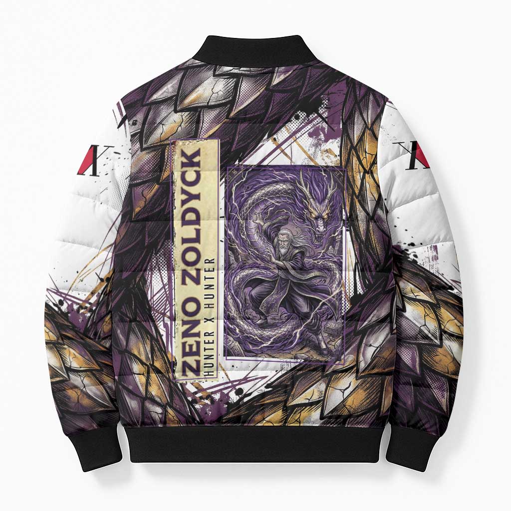 Zeno Zoldyck Theme White and Purple Dragon Aura Design Bomber Puffer Jacket with Dark Energy Card Artwork - The Mazicc