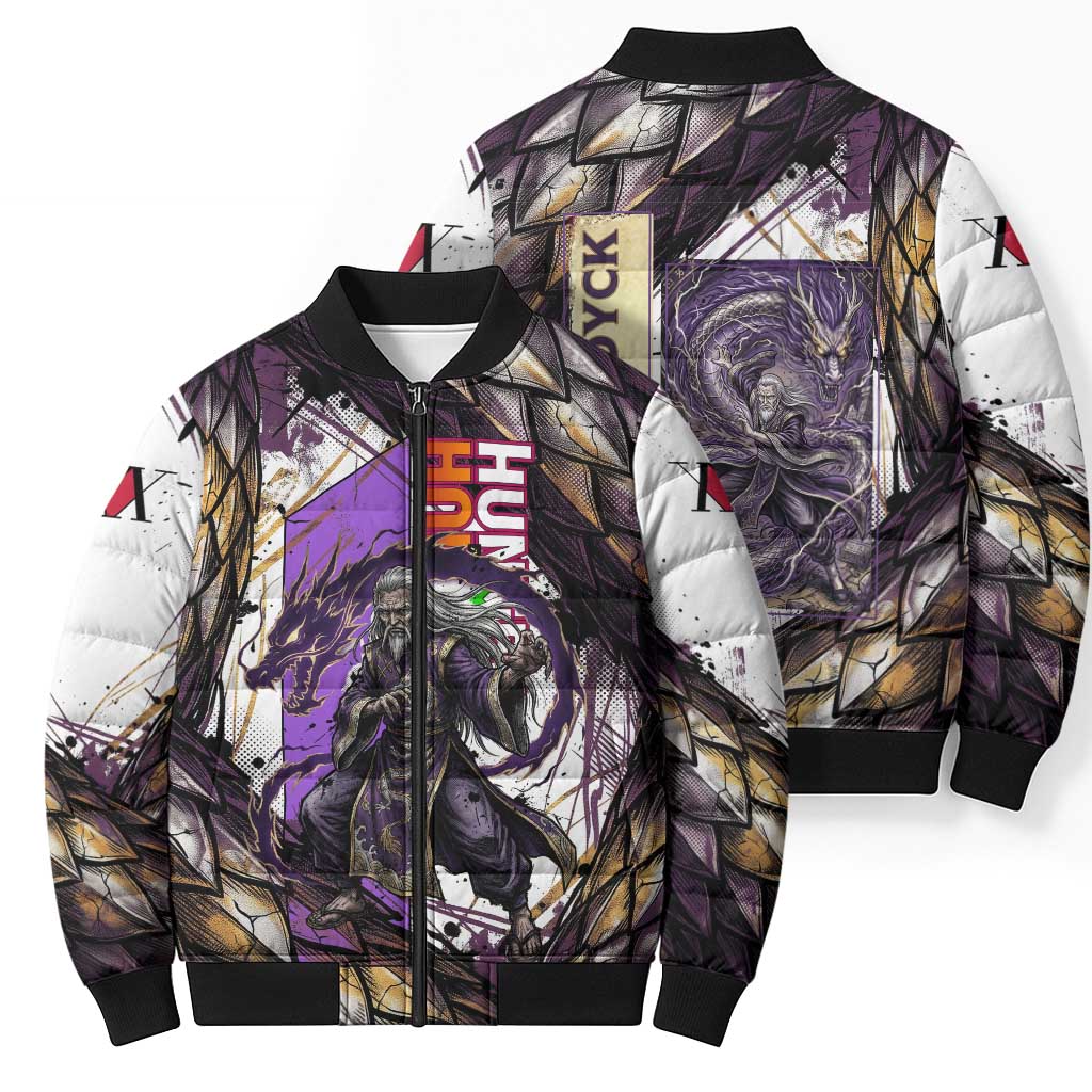 Zeno Zoldyck Theme White and Purple Dragon Aura Design Bomber Puffer Jacket with Dark Energy Card Artwork - The Mazicc