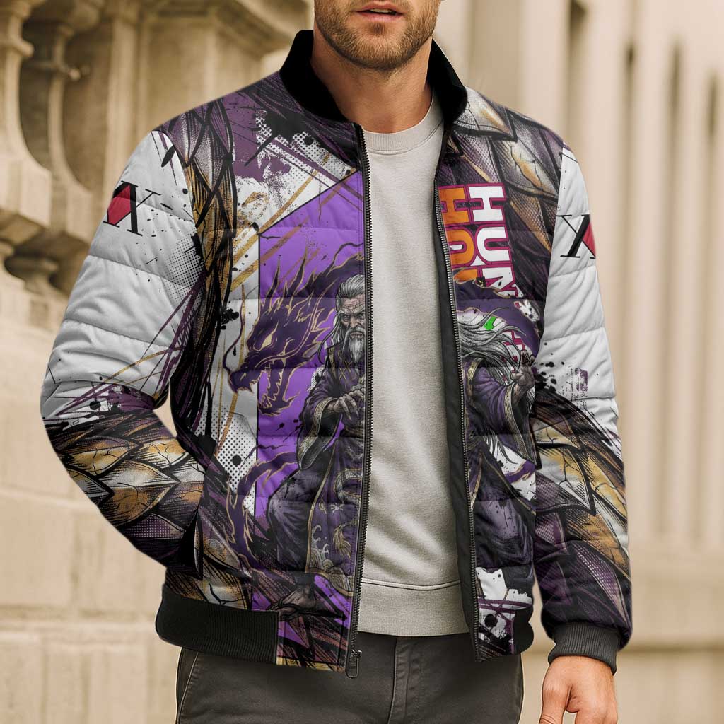Zeno Zoldyck Theme White and Purple Dragon Aura Design Bomber Puffer Jacket with Dark Energy Card Artwork - The Mazicc