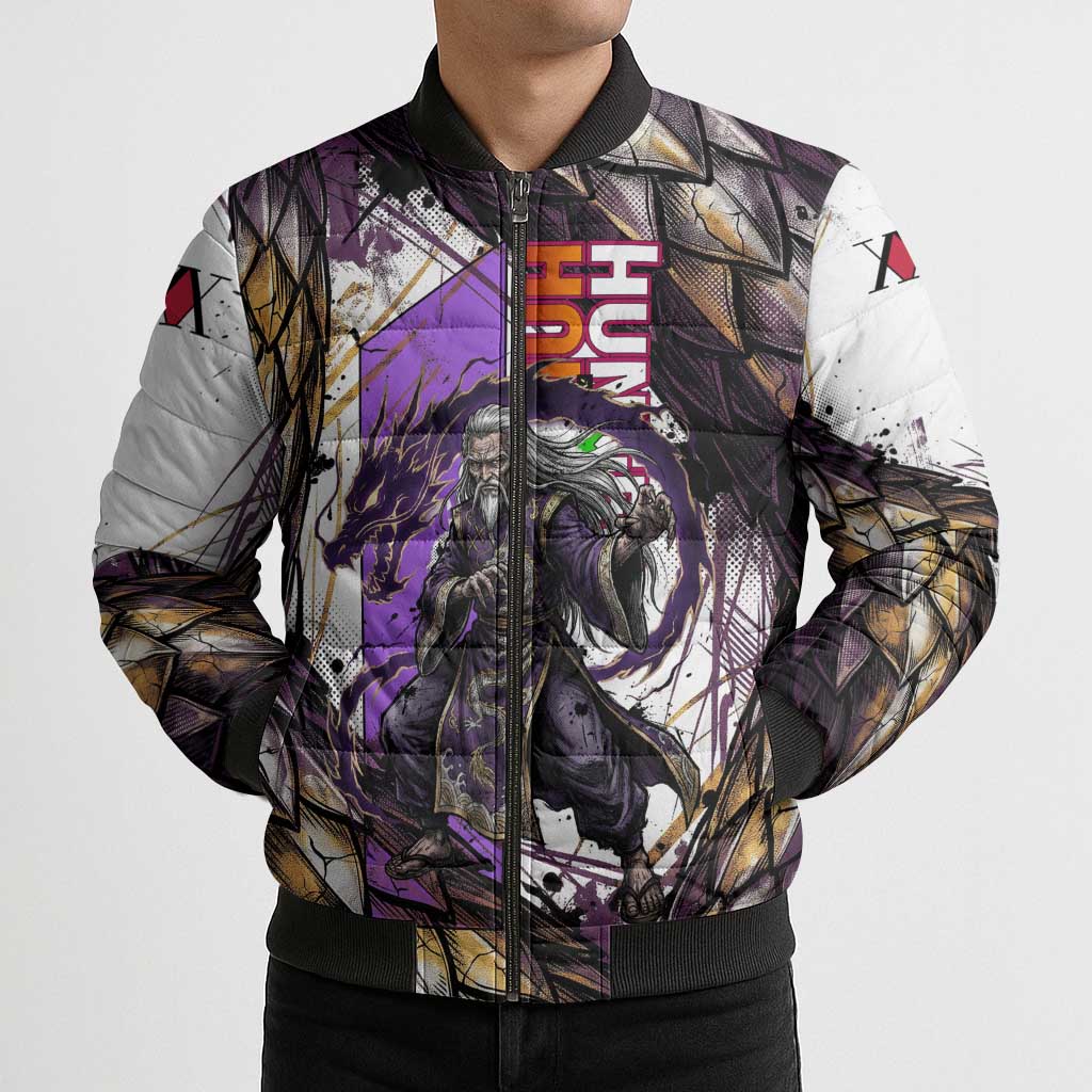 Zeno Zoldyck Theme White and Purple Dragon Aura Design Bomber Puffer Jacket with Dark Energy Card Artwork - The Mazicc