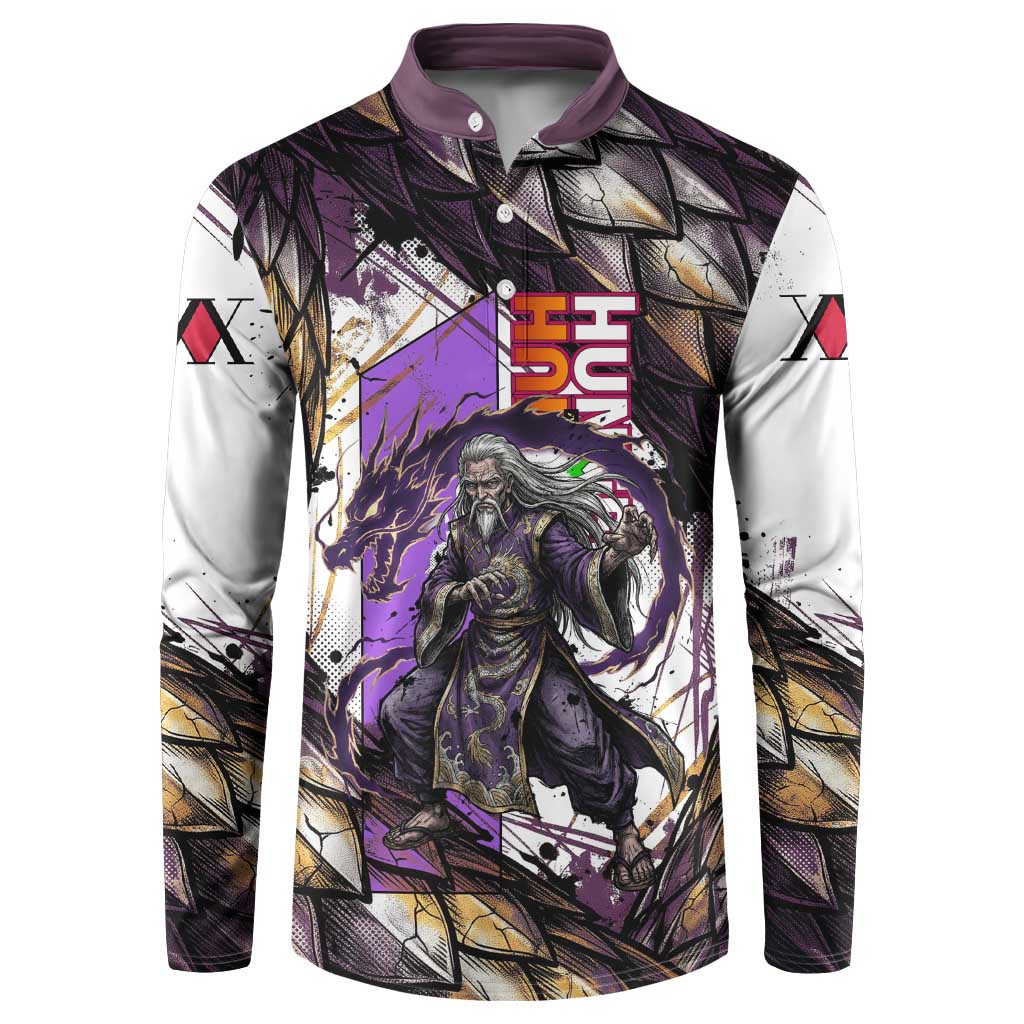 Zeno Zoldyck Theme White and Purple Dragon Aura Design Button Sweatshirt with Dark Energy Card Artwork - The Mazicc