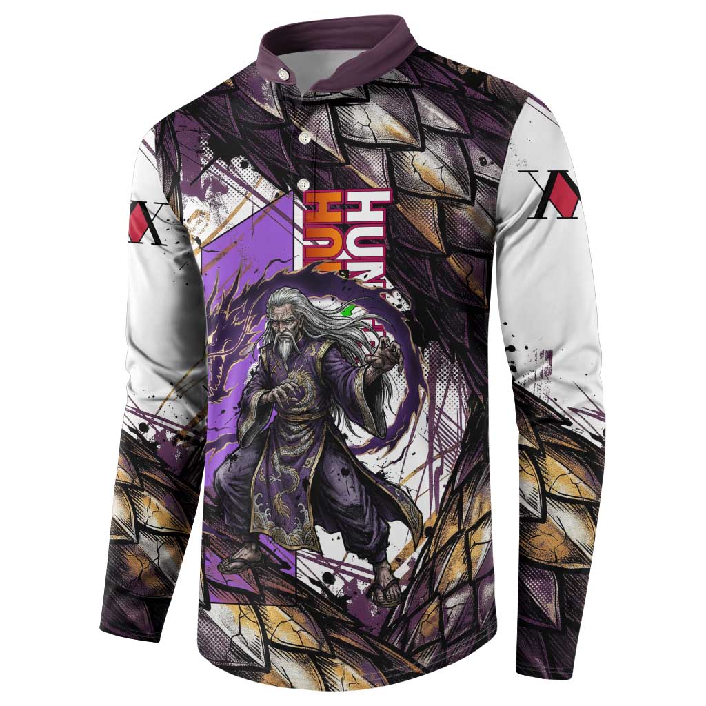 Zeno Zoldyck Theme White and Purple Dragon Aura Design Button Sweatshirt with Dark Energy Card Artwork - The Mazicc