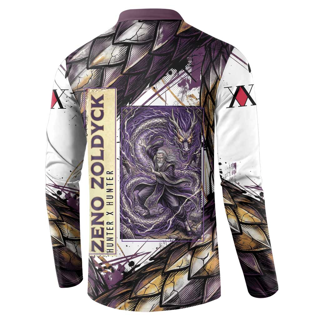 Zeno Zoldyck Theme White and Purple Dragon Aura Design Button Sweatshirt with Dark Energy Card Artwork - The Mazicc
