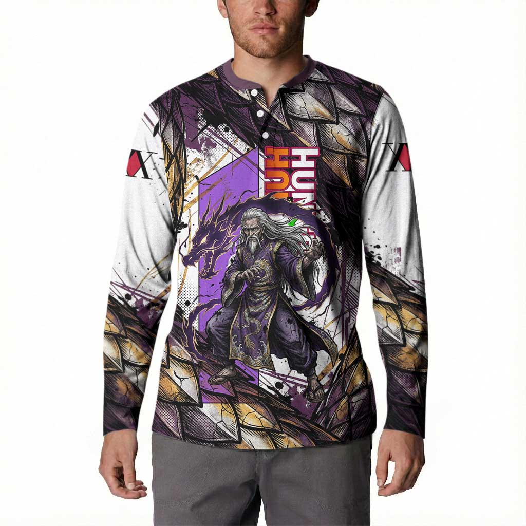 Zeno Zoldyck Theme White and Purple Dragon Aura Design Button Sweatshirt with Dark Energy Card Artwork - The Mazicc