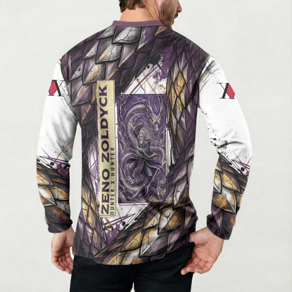Zeno Zoldyck Theme White and Purple Dragon Aura Design Button Sweatshirt with Dark Energy Card Artwork - The Mazicc