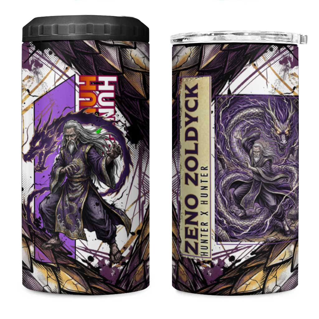 Zeno Zoldyck Theme White and Purple Dragon Aura Design 4 in 1 Can Cooler Tumbler with Dark Energy Card Artwork - The Mazicc
