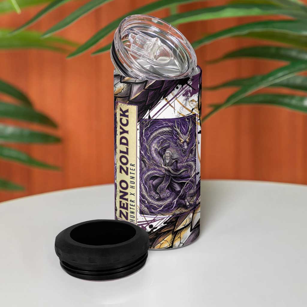 Zeno Zoldyck Theme White and Purple Dragon Aura Design 4 in 1 Can Cooler Tumbler with Dark Energy Card Artwork - The Mazicc