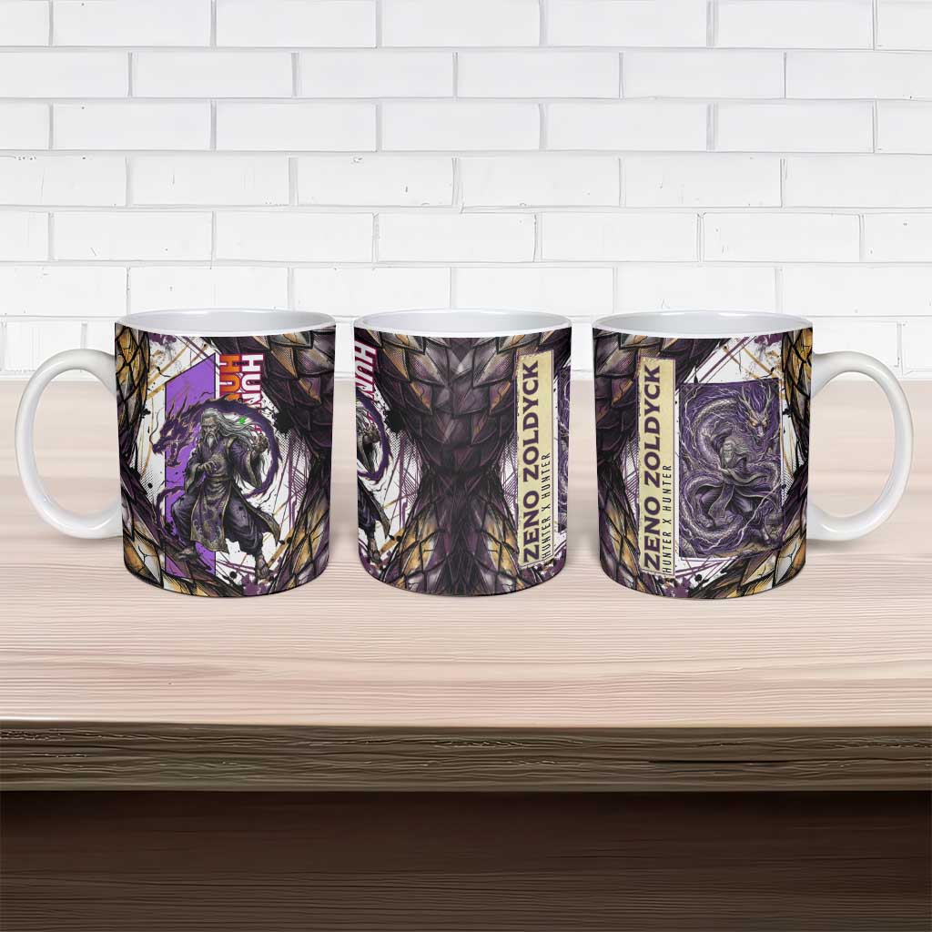 Zeno Zoldyck Theme White and Purple Dragon Aura Design Ceramic Mug with Dark Energy Card Artwork - The Mazicc