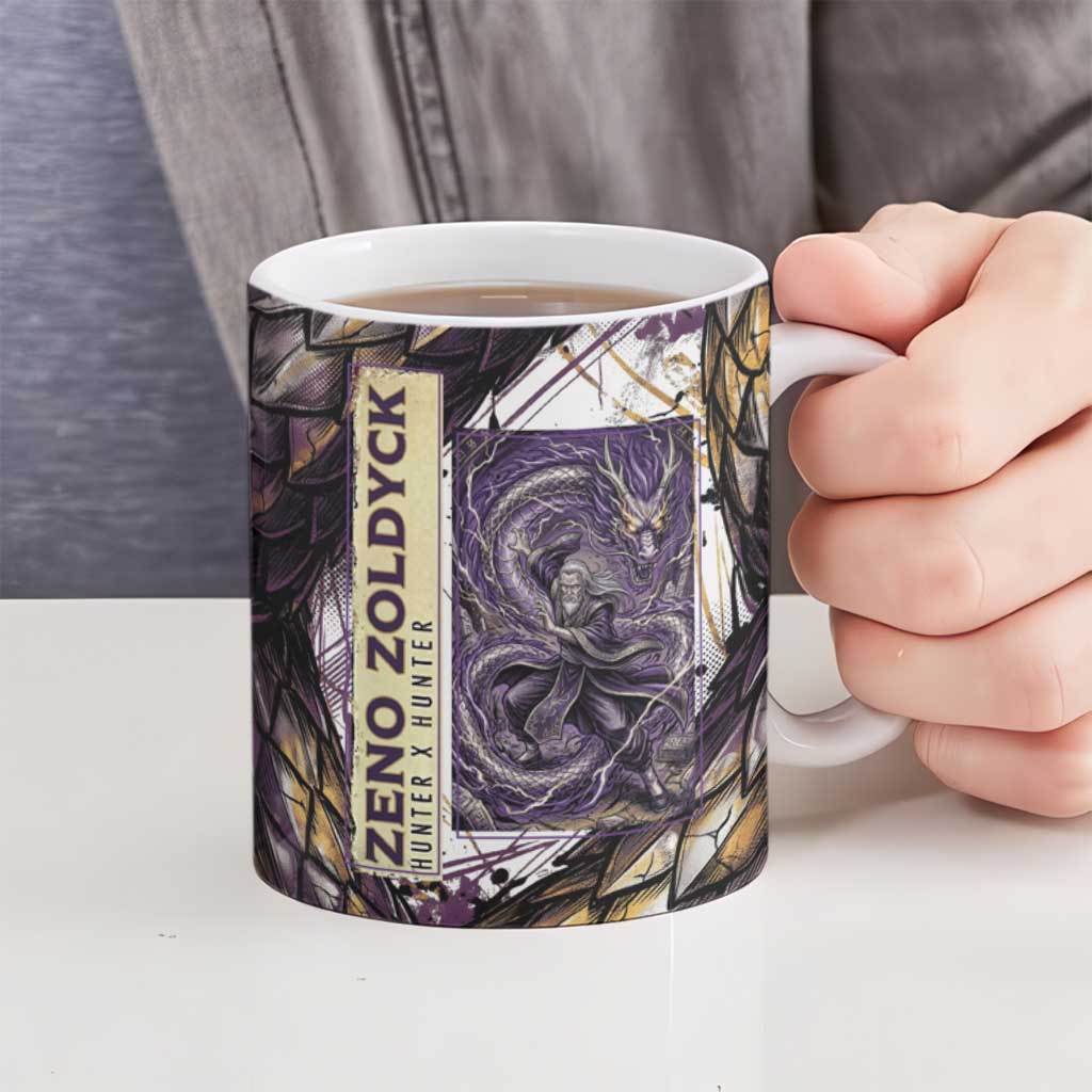 Zeno Zoldyck Theme White and Purple Dragon Aura Design Ceramic Mug with Dark Energy Card Artwork - The Mazicc