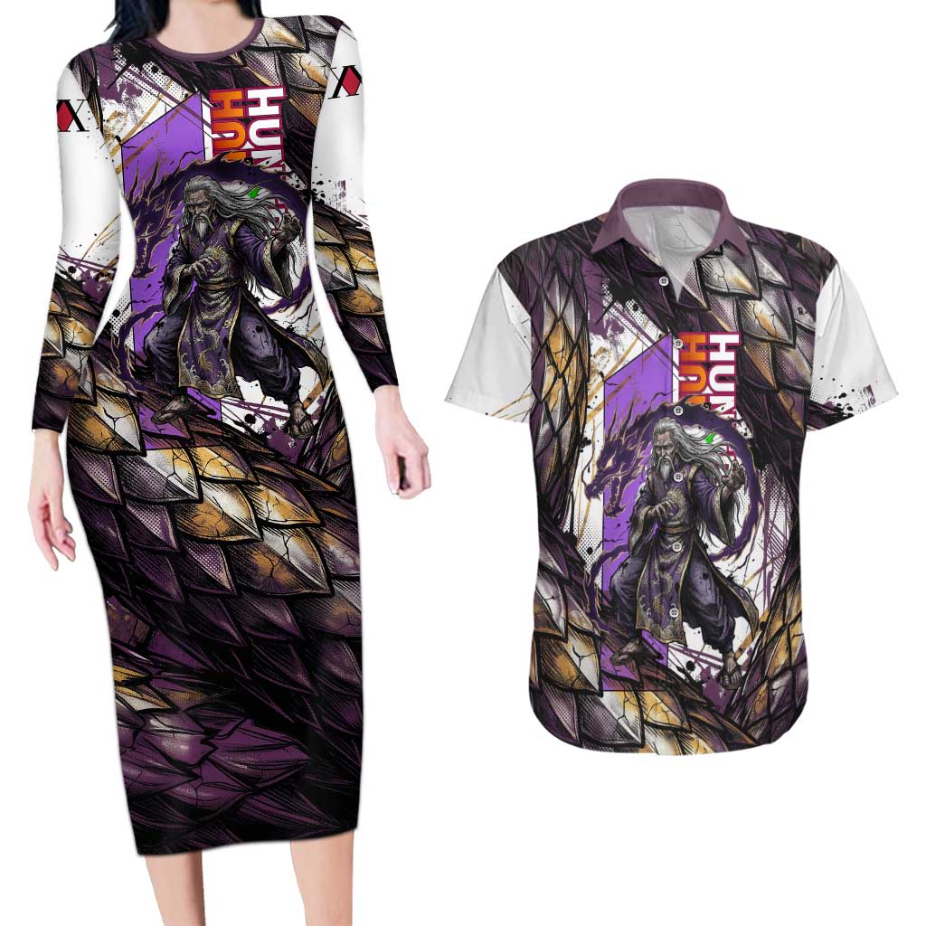 Zeno Zoldyck Theme White and Purple Dragon Aura Design Couples Matching Long Sleeve Bodycon Dress and Hawaiian Shirt with Dark Energy Card Artwork - The Mazicc