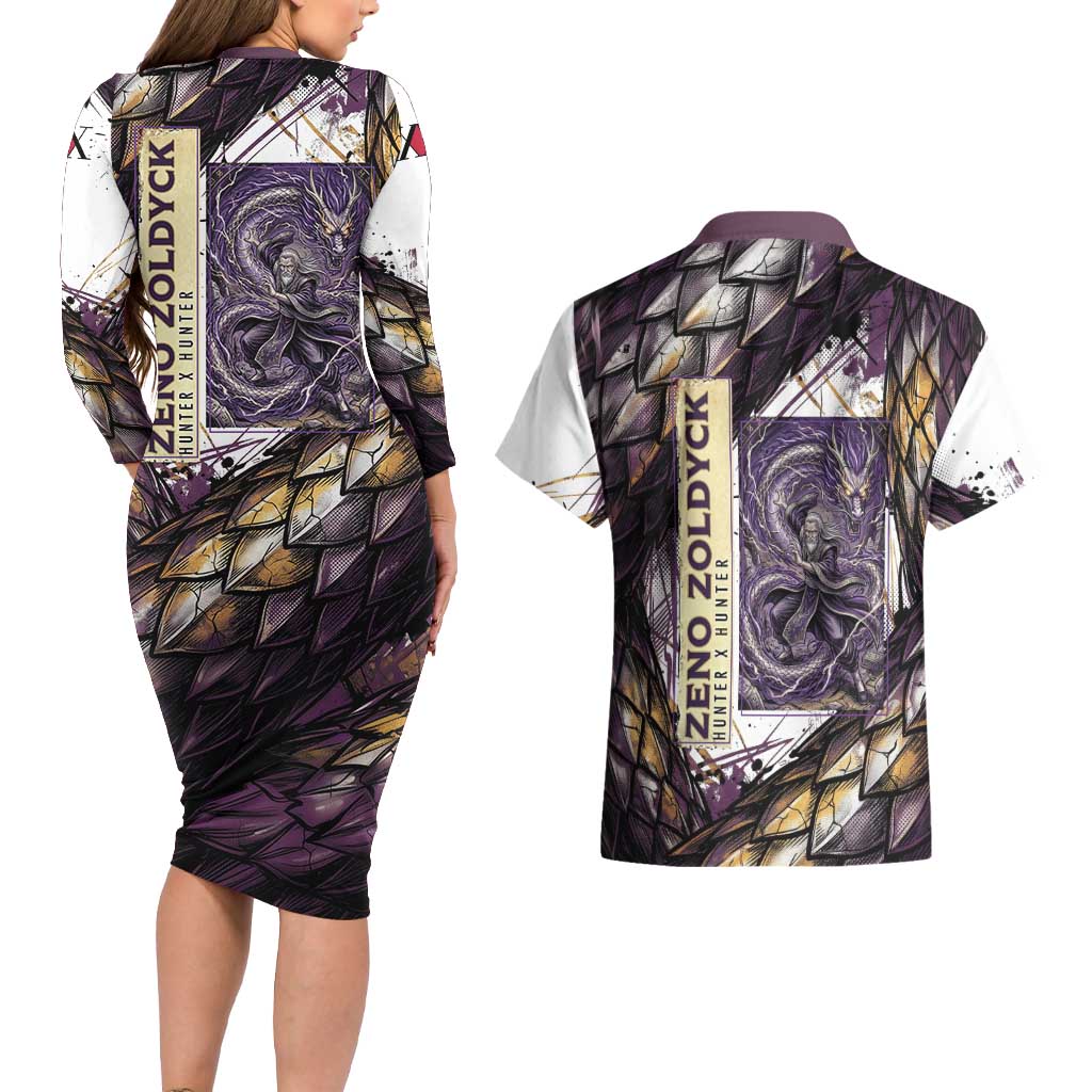 Zeno Zoldyck Theme White and Purple Dragon Aura Design Couples Matching Long Sleeve Bodycon Dress and Hawaiian Shirt with Dark Energy Card Artwork - The Mazicc