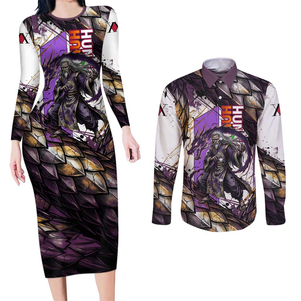 Zeno Zoldyck Theme White and Purple Dragon Aura Design Couples Matching Long Sleeve Bodycon Dress and Long Sleeve Button Shirt with Dark Energy Card Artwork - The Mazicc