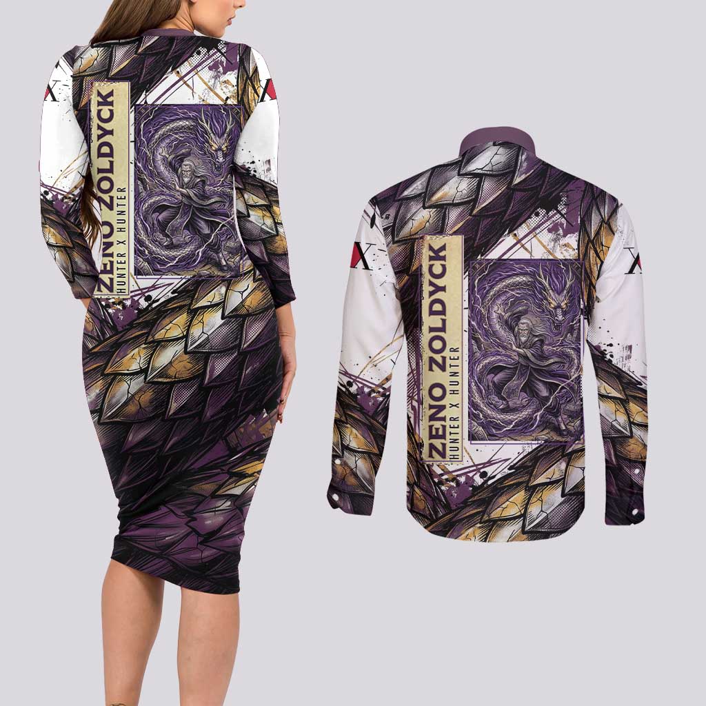 Zeno Zoldyck Theme White and Purple Dragon Aura Design Couples Matching Long Sleeve Bodycon Dress and Long Sleeve Button Shirt with Dark Energy Card Artwork - The Mazicc