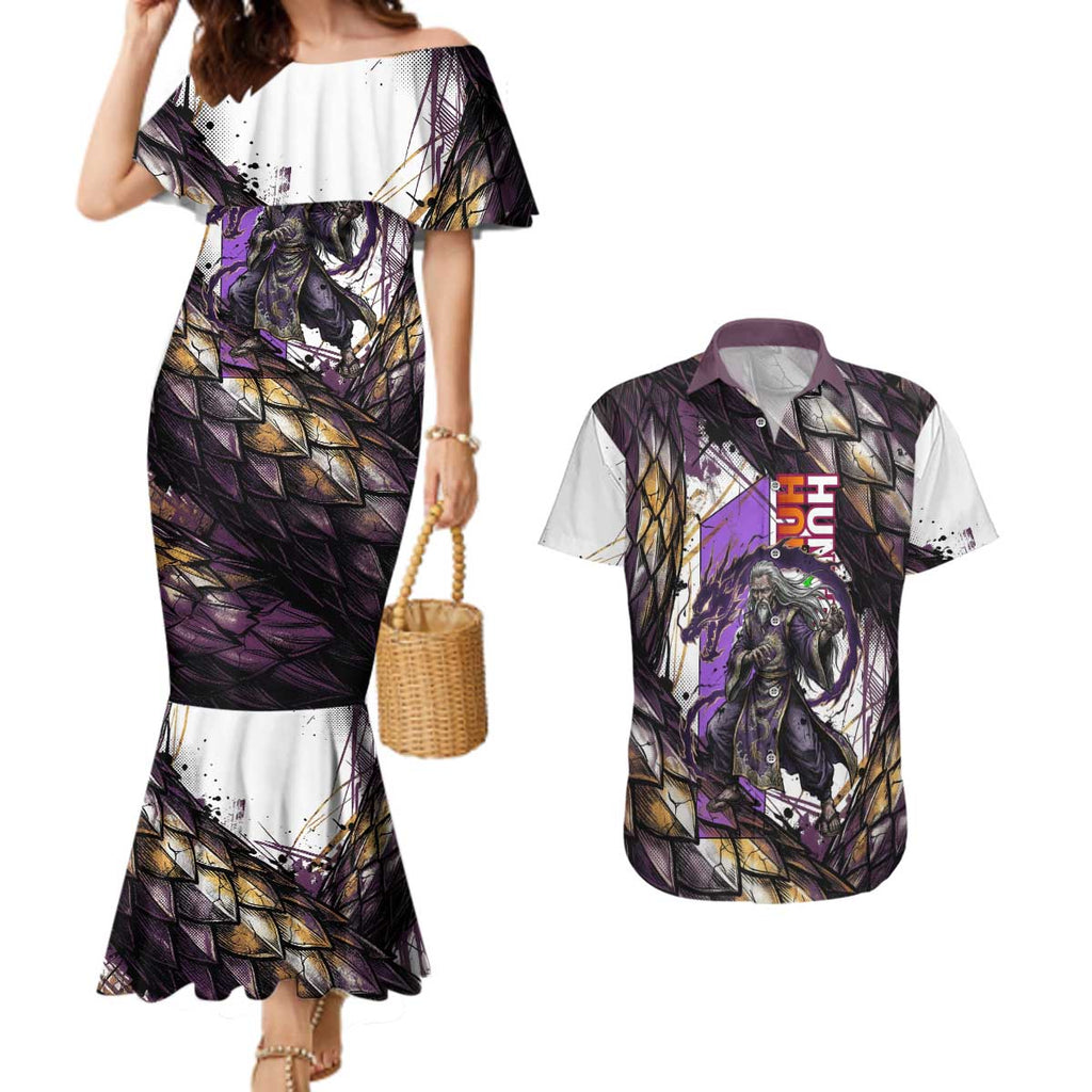 Zeno Zoldyck Theme White and Purple Dragon Aura Design Couples Matching Mermaid Dress and Hawaiian Shirt with Dark Energy Card Artwork - The Mazicc