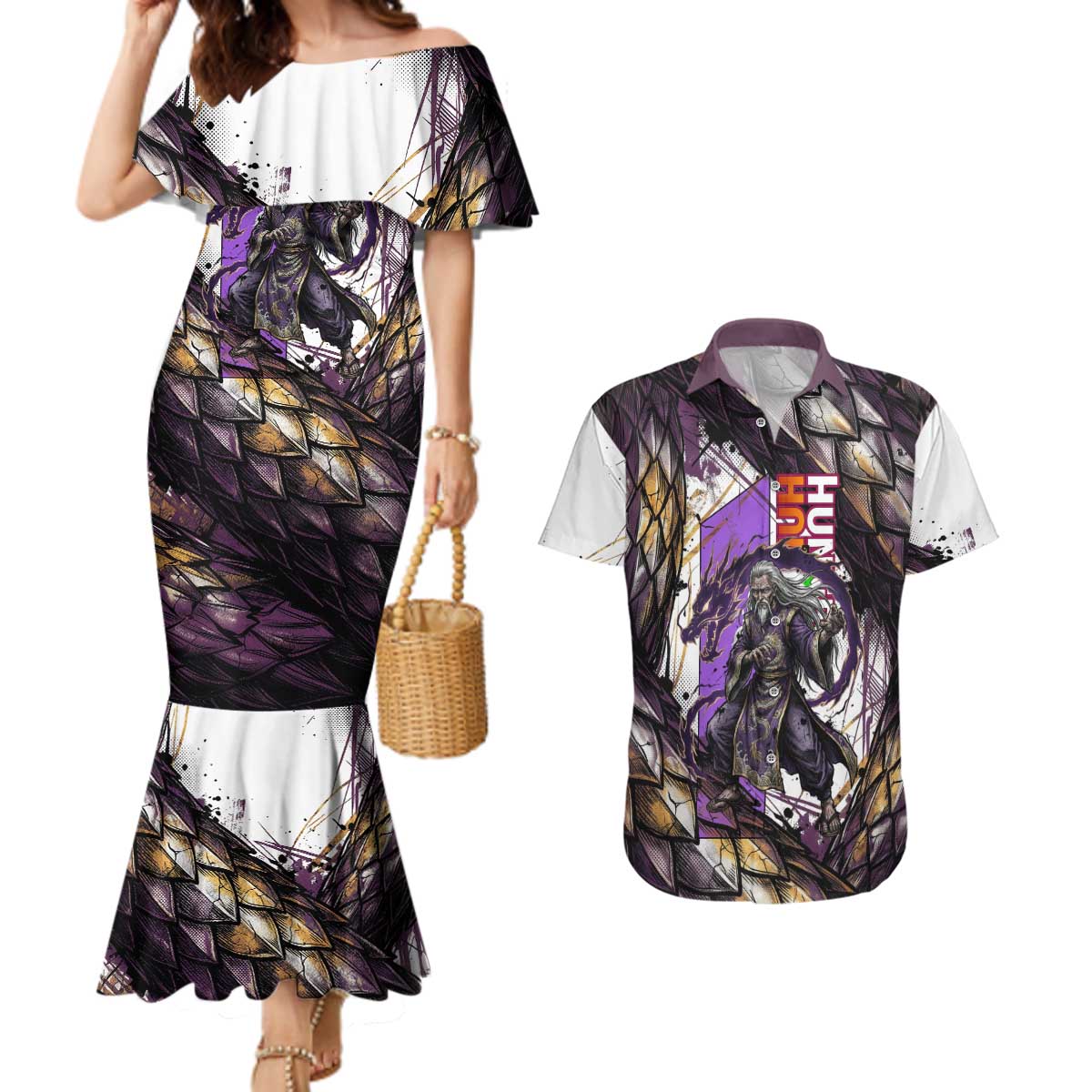 Zeno Zoldyck Theme White and Purple Dragon Aura Design Couples Matching Mermaid Dress and Hawaiian Shirt with Dark Energy Card Artwork - The Mazicc