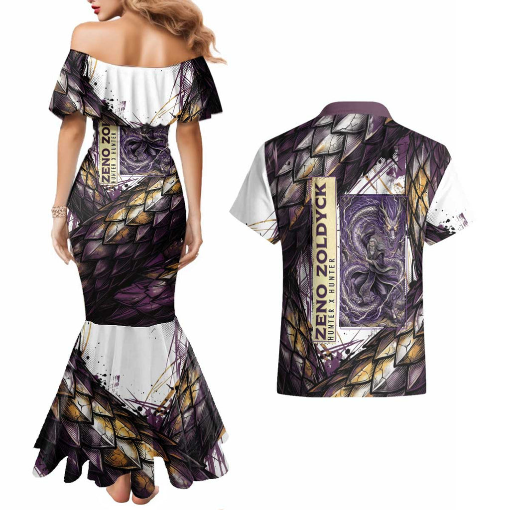 Zeno Zoldyck Theme White and Purple Dragon Aura Design Couples Matching Mermaid Dress and Hawaiian Shirt with Dark Energy Card Artwork - The Mazicc