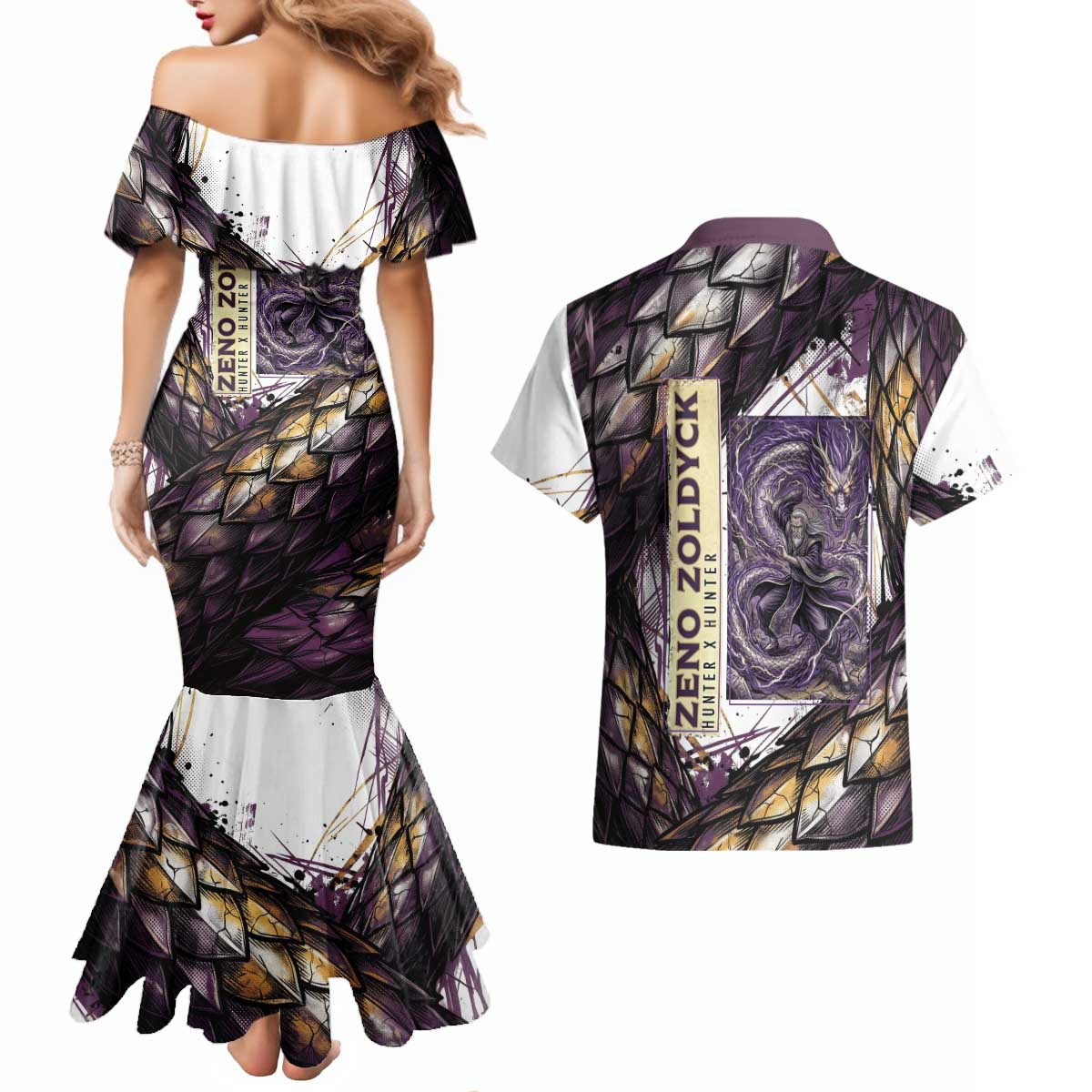 Zeno Zoldyck Theme White and Purple Dragon Aura Design Couples Matching Mermaid Dress and Hawaiian Shirt with Dark Energy Card Artwork - The Mazicc