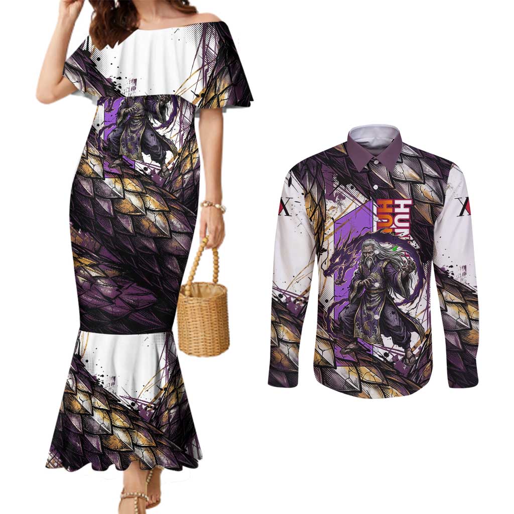 Zeno Zoldyck Theme White and Purple Dragon Aura Design Couples Matching Mermaid Dress and Long Sleeve Button Shirt with Dark Energy Card Artwork - The Mazicc