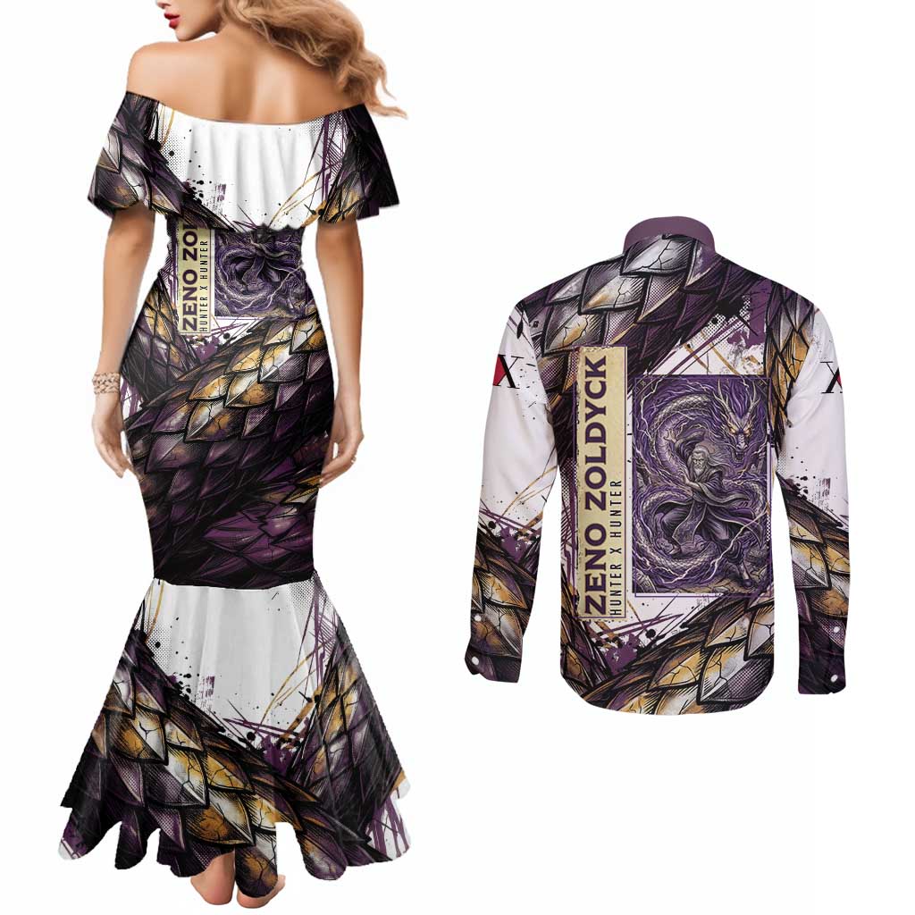 Zeno Zoldyck Theme White and Purple Dragon Aura Design Couples Matching Mermaid Dress and Long Sleeve Button Shirt with Dark Energy Card Artwork - The Mazicc