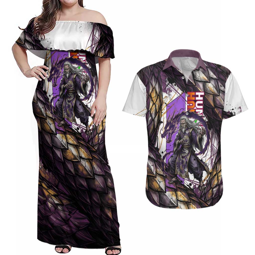 Zeno Zoldyck Theme White and Purple Dragon Aura Design Couples Matching Off Shoulder Maxi Dress and Hawaiian Shirt with Dark Energy Card Artwork - The Mazicc