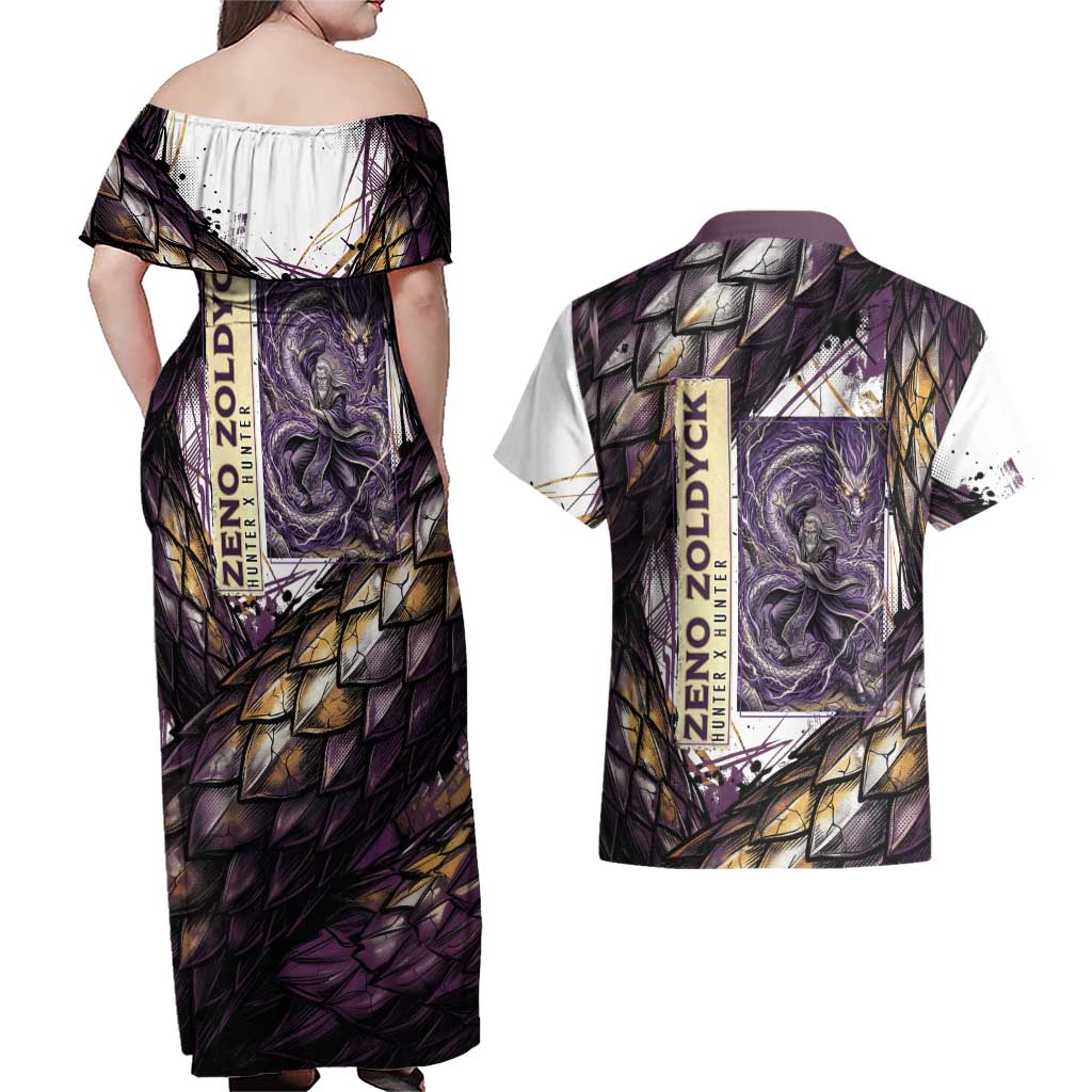 Zeno Zoldyck Theme White and Purple Dragon Aura Design Couples Matching Off Shoulder Maxi Dress and Hawaiian Shirt with Dark Energy Card Artwork - The Mazicc