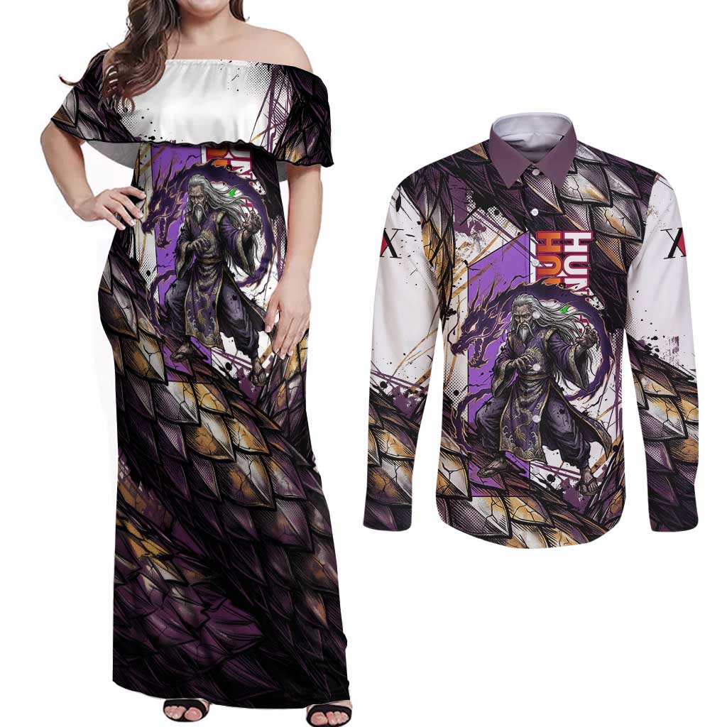 Zeno Zoldyck Theme White and Purple Dragon Aura Design Couples Matching Off Shoulder Maxi Dress and Long Sleeve Button Shirt with Dark Energy Card Artwork - The Mazicc