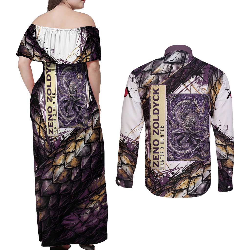 Zeno Zoldyck Theme White and Purple Dragon Aura Design Couples Matching Off Shoulder Maxi Dress and Long Sleeve Button Shirt with Dark Energy Card Artwork - The Mazicc