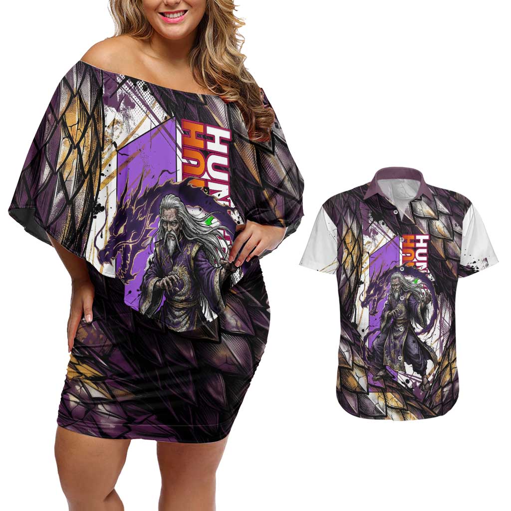 Zeno Zoldyck Theme White and Purple Dragon Aura Design Couples Matching Off Shoulder Short Dress and Hawaiian Shirt with Dark Energy Card Artwork - The Mazicc