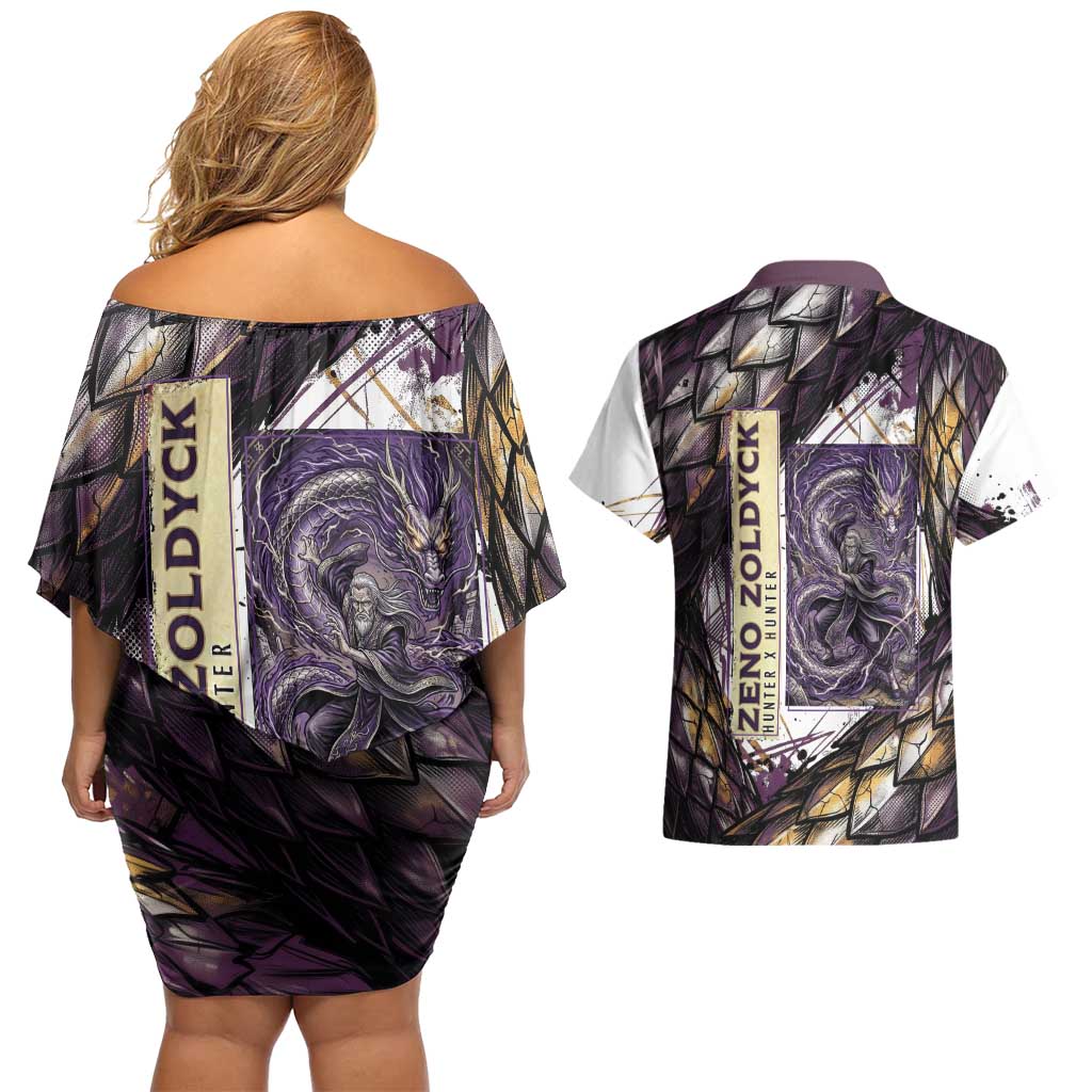 Zeno Zoldyck Theme White and Purple Dragon Aura Design Couples Matching Off Shoulder Short Dress and Hawaiian Shirt with Dark Energy Card Artwork - The Mazicc