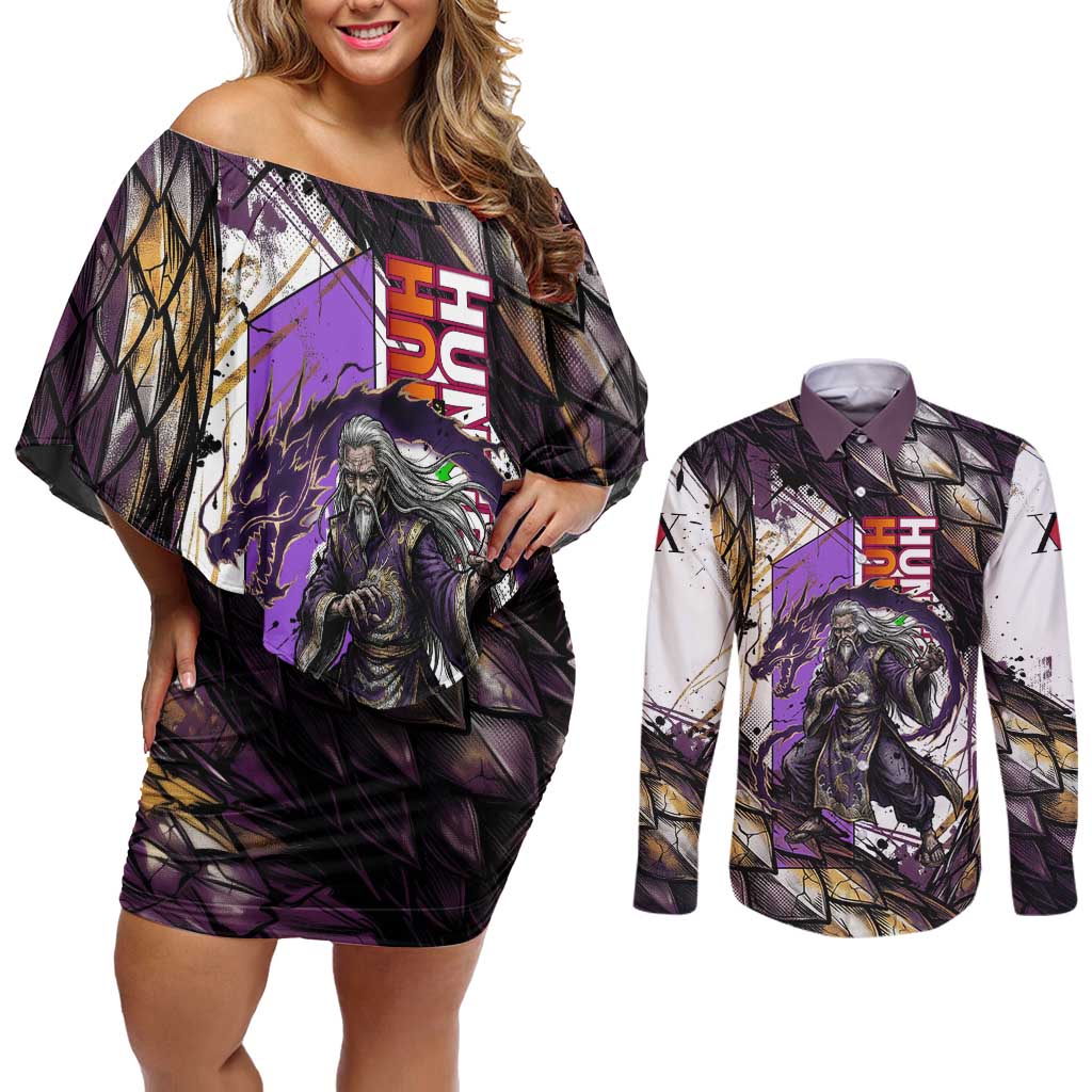 Zeno Zoldyck Theme White and Purple Dragon Aura Design Couples Matching Off Shoulder Short Dress and Long Sleeve Button Shirt with Dark Energy Card Artwork - The Mazicc