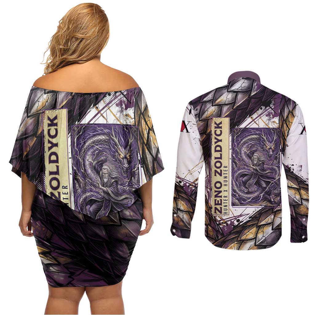 Zeno Zoldyck Theme White and Purple Dragon Aura Design Couples Matching Off Shoulder Short Dress and Long Sleeve Button Shirt with Dark Energy Card Artwork - The Mazicc