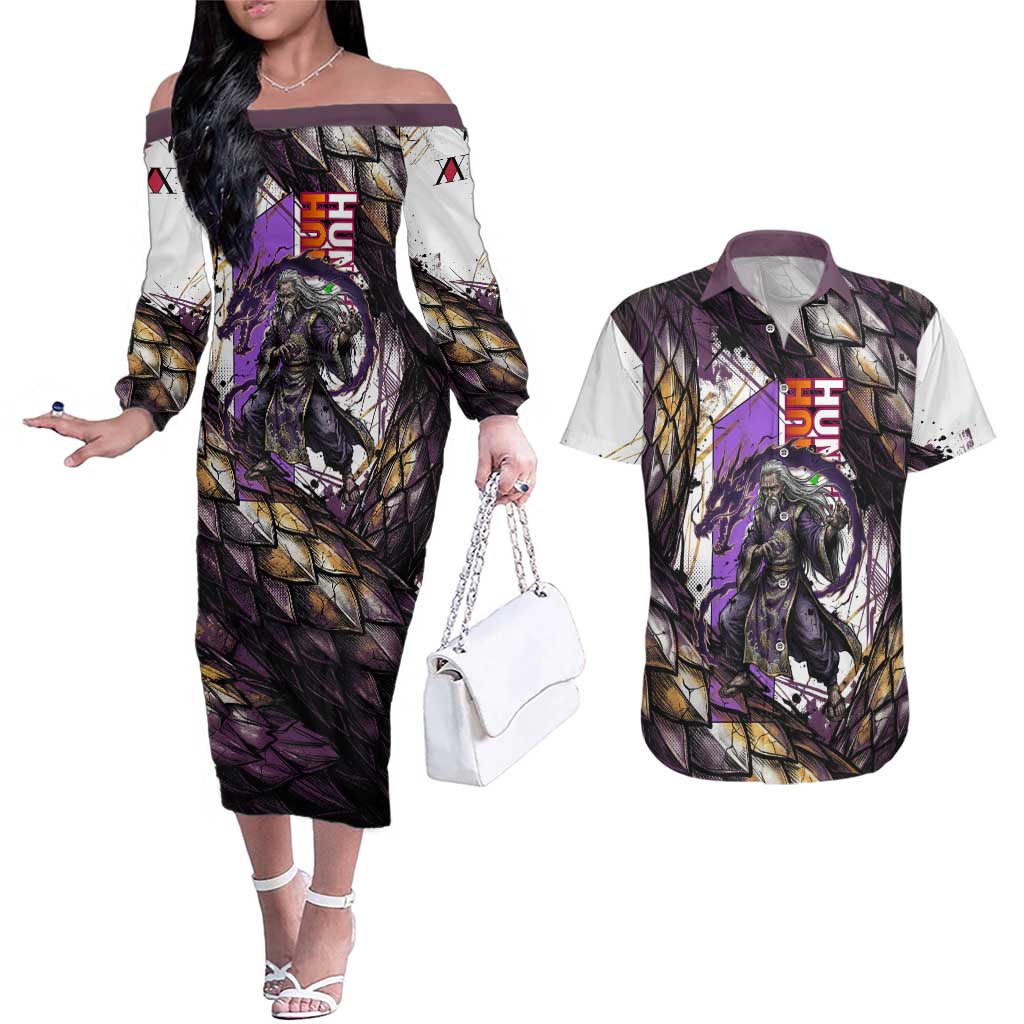 Zeno Zoldyck Theme White and Purple Dragon Aura Design Couples Matching Off The Shoulder Long Sleeve Dress and Hawaiian Shirt with Dark Energy Card Artwork - The Mazicc