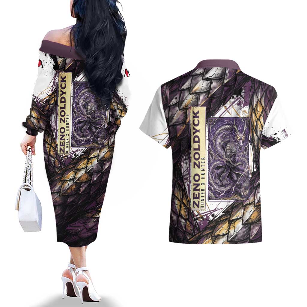 Zeno Zoldyck Theme White and Purple Dragon Aura Design Couples Matching Off The Shoulder Long Sleeve Dress and Hawaiian Shirt with Dark Energy Card Artwork - The Mazicc