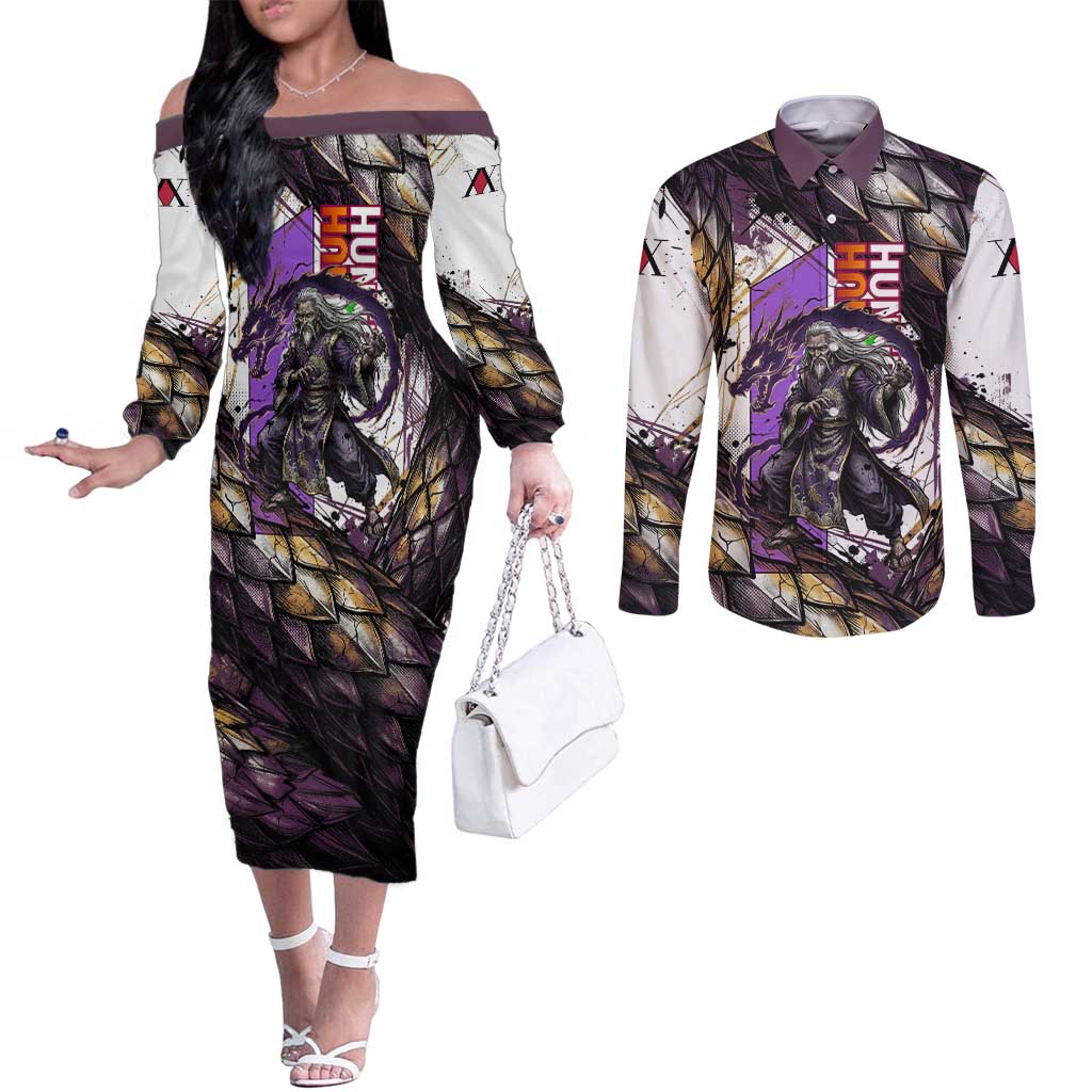 Zeno Zoldyck Theme White and Purple Dragon Aura Design Couples Matching Off The Shoulder Long Sleeve Dress and Long Sleeve Button Shirt with Dark Energy Card Artwork - The Mazicc