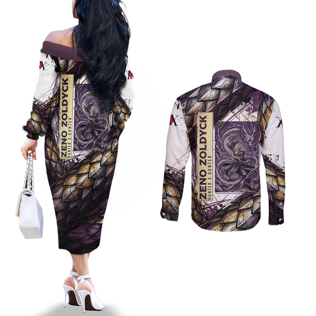 Zeno Zoldyck Theme White and Purple Dragon Aura Design Couples Matching Off The Shoulder Long Sleeve Dress and Long Sleeve Button Shirt with Dark Energy Card Artwork - The Mazicc