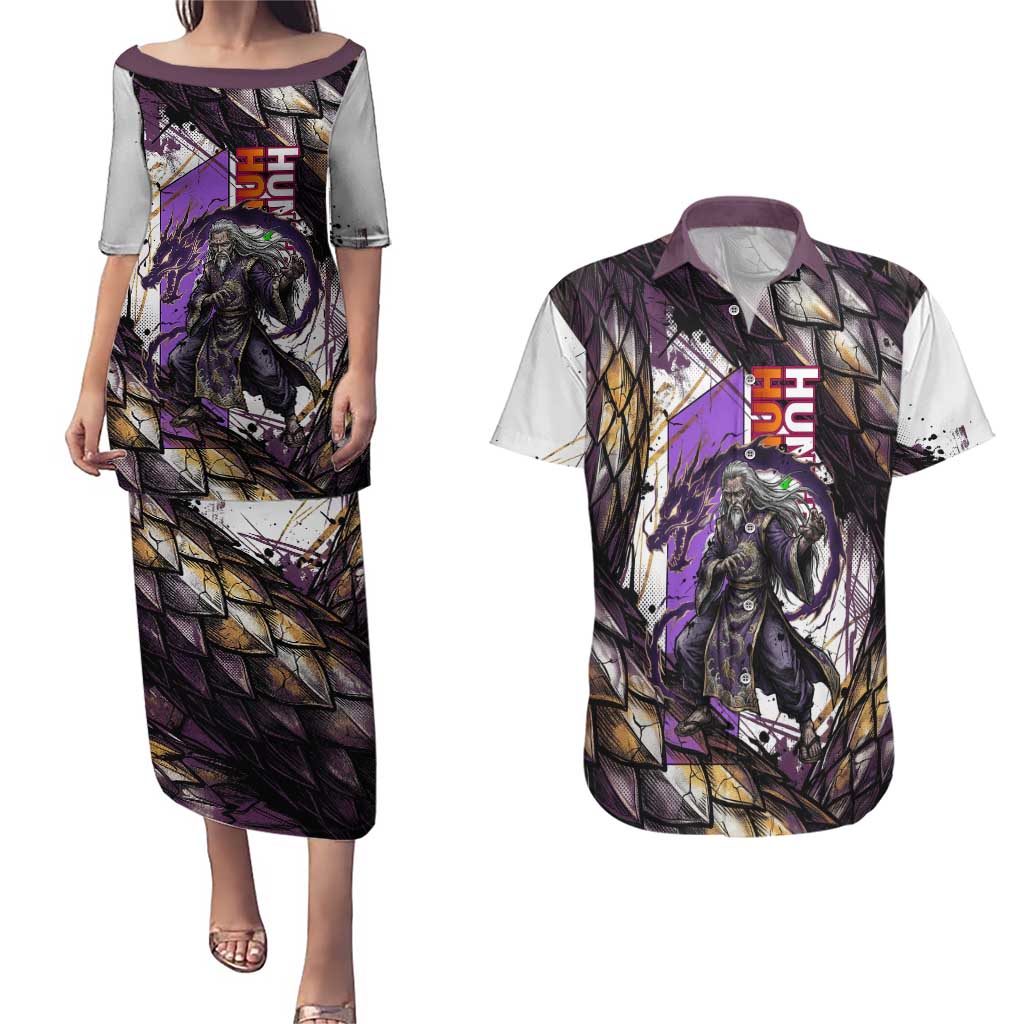 Zeno Zoldyck Theme White and Purple Dragon Aura Design Couples Matching Puletasi and Hawaiian Shirt with Dark Energy Card Artwork - The Mazicc