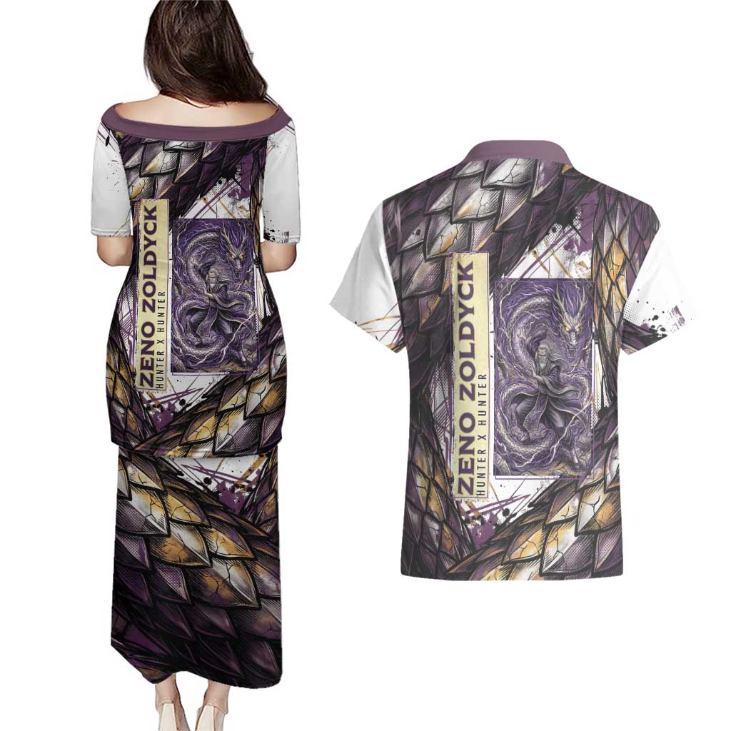 Zeno Zoldyck Theme White and Purple Dragon Aura Design Couples Matching Puletasi and Hawaiian Shirt with Dark Energy Card Artwork - The Mazicc