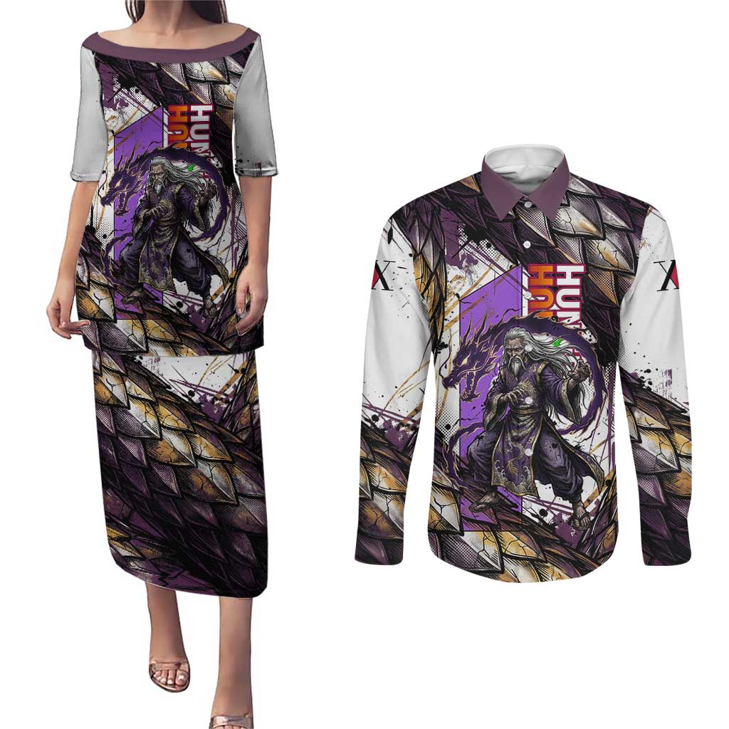 Zeno Zoldyck Theme White and Purple Dragon Aura Design Couples Matching Puletasi and Long Sleeve Button Shirt with Dark Energy Card Artwork - The Mazicc