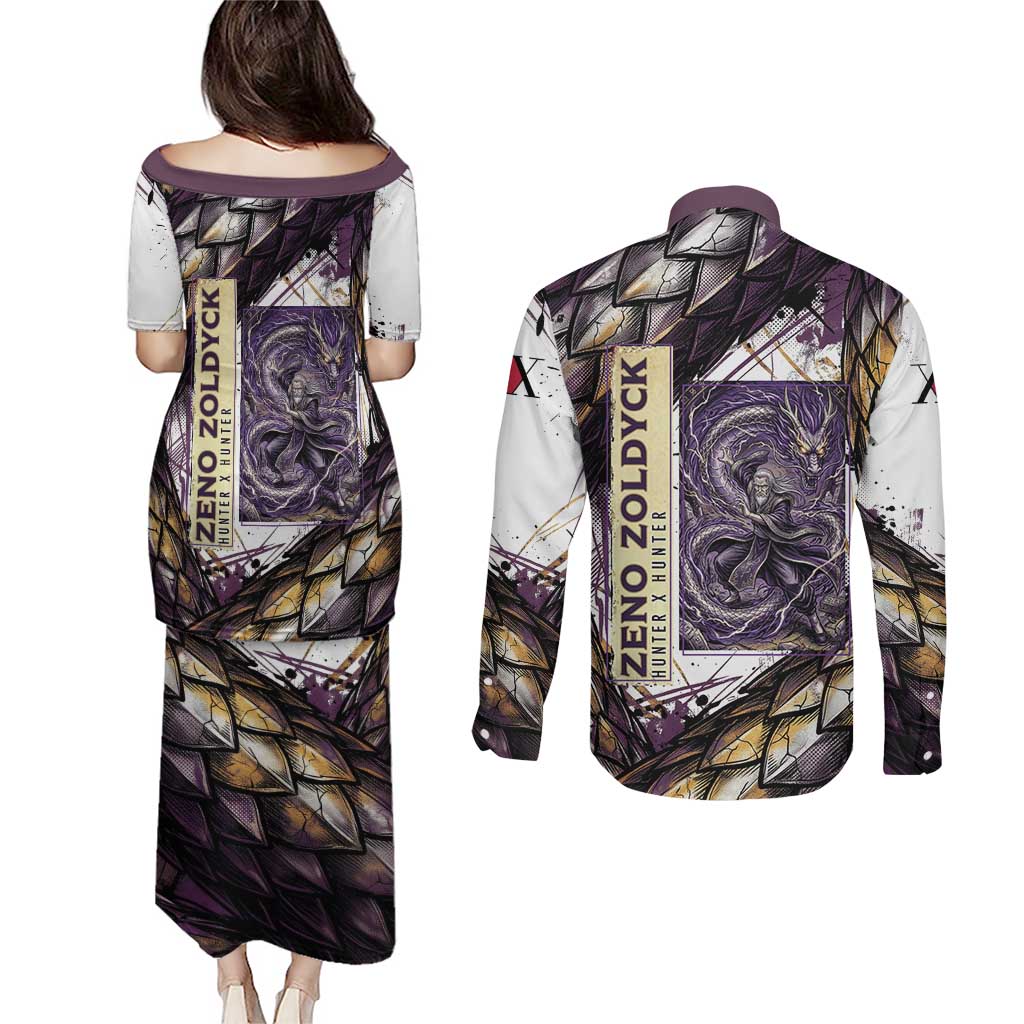 Zeno Zoldyck Theme White and Purple Dragon Aura Design Couples Matching Puletasi and Long Sleeve Button Shirt with Dark Energy Card Artwork - The Mazicc