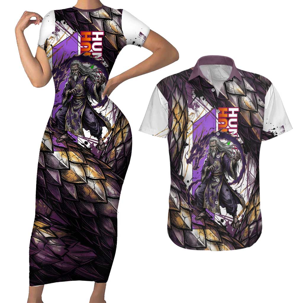 Zeno Zoldyck Theme White and Purple Dragon Aura Design Couples Matching Short Sleeve Bodycon Dress and Hawaiian Shirt with Dark Energy Card Artwork - The Mazicc