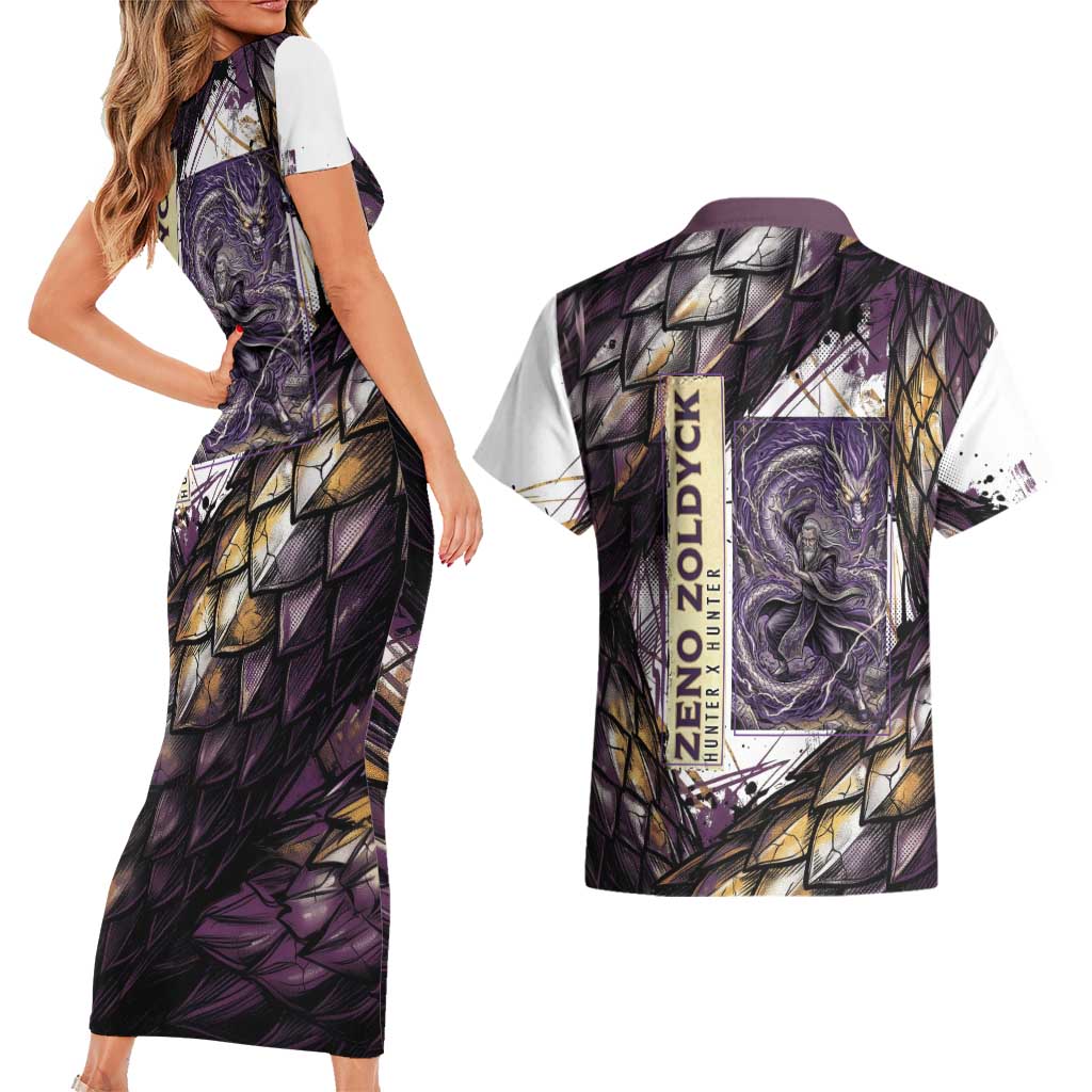 Zeno Zoldyck Theme White and Purple Dragon Aura Design Couples Matching Short Sleeve Bodycon Dress and Hawaiian Shirt with Dark Energy Card Artwork - The Mazicc