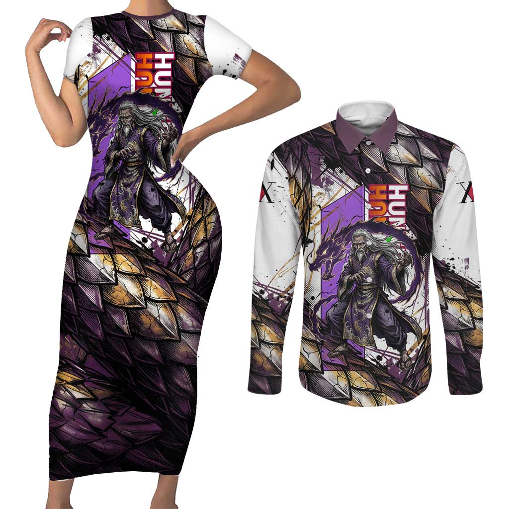 Zeno Zoldyck Theme White and Purple Dragon Aura Design Couples Matching Short Sleeve Bodycon Dress and Long Sleeve Button Shirt with Dark Energy Card Artwork - The Mazicc