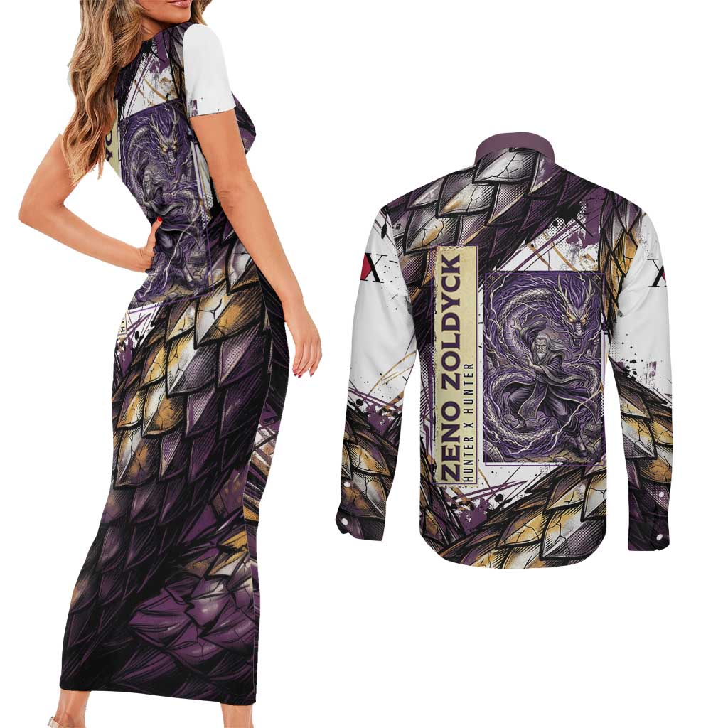 Zeno Zoldyck Theme White and Purple Dragon Aura Design Couples Matching Short Sleeve Bodycon Dress and Long Sleeve Button Shirt with Dark Energy Card Artwork - The Mazicc